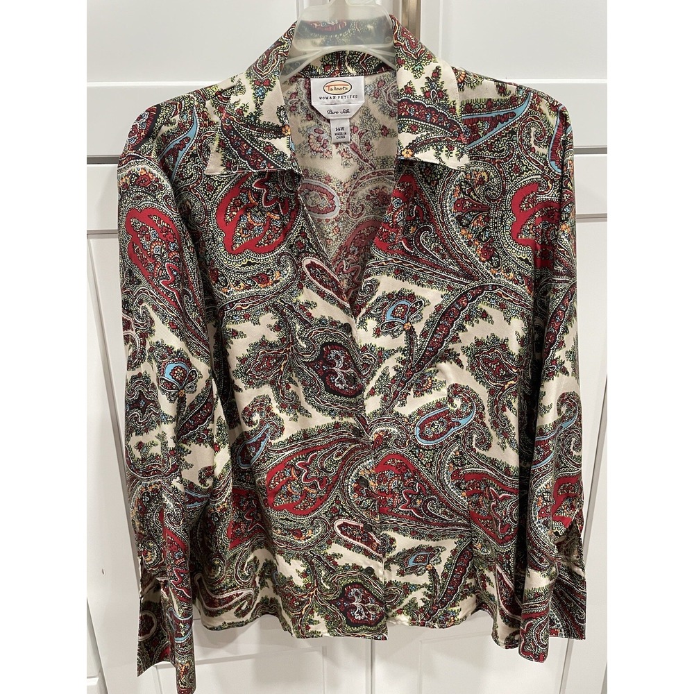 Talbots Womens Ivory Red Green Paisley Silk Long Sleeve Blouse Sz 14W SI31‎